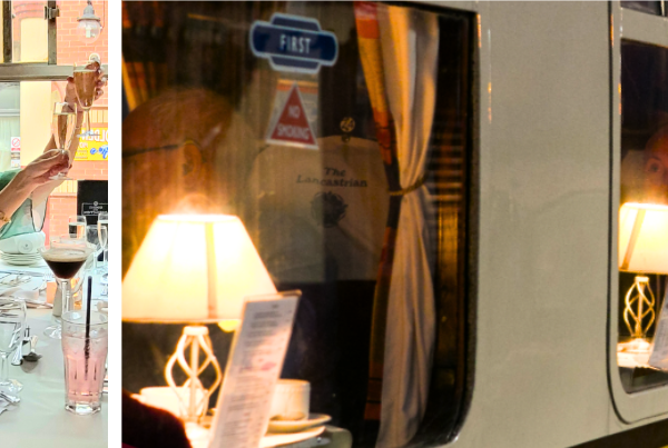 A vintage steam train dining experience through the countryside with elegant onboard service for women’s social group aged 35–60.