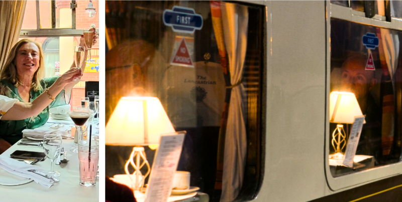A vintage steam train dining experience through the countryside with elegant onboard service for women’s social group aged 35–60.