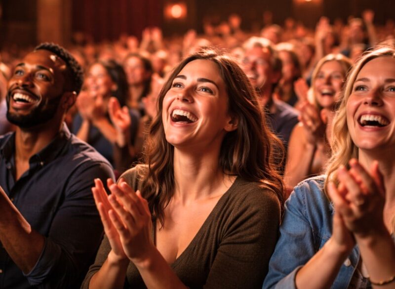 Audience members smiling and applauding during a live theatre performance, capturing the joy of a shared experience